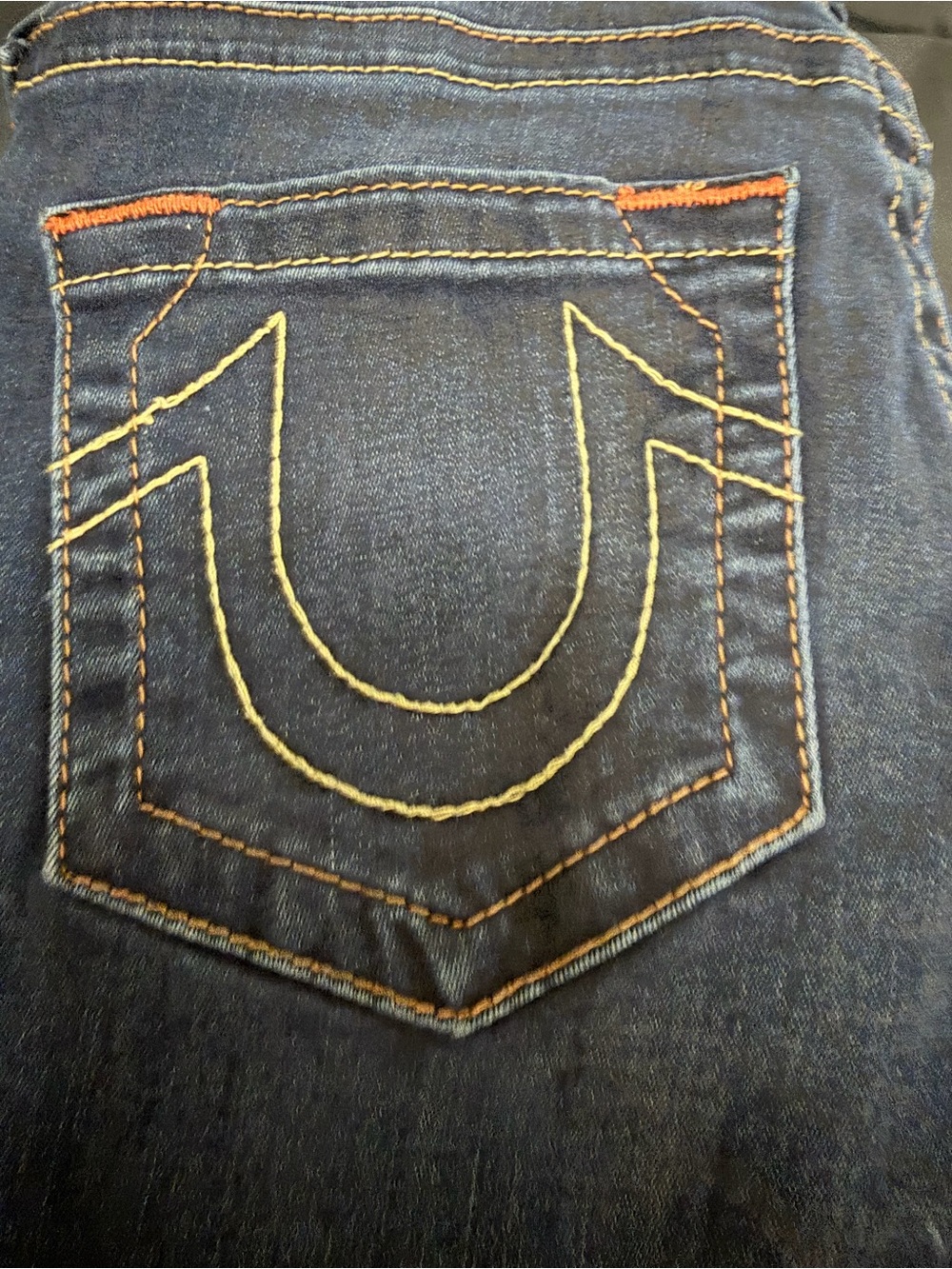 True Religion Dark Blue Jeans with Yellow and Orange Stitching